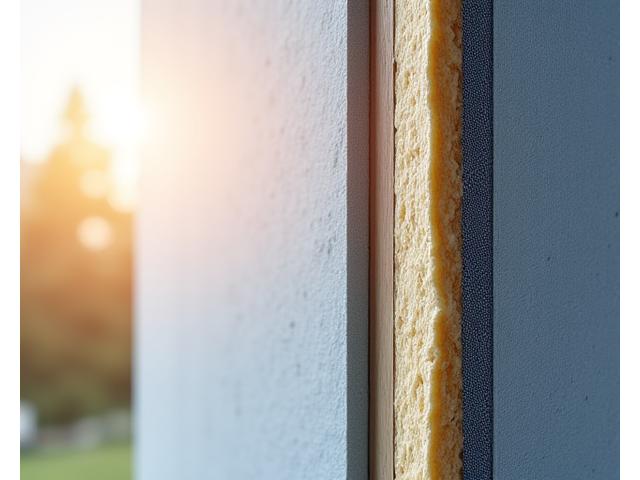 Cutaway view of a wall showing eco-friendly insulation material made from recycled denim or a natural fiber, illustrating sound dampening properties.