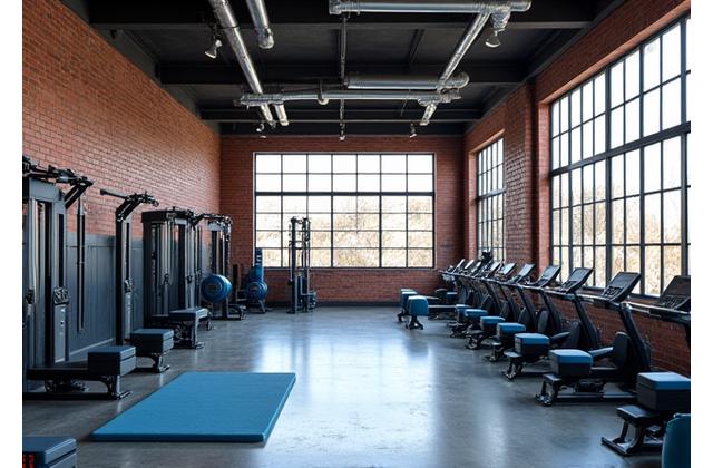 Urban loft home gym with high ceilings, large windows, and industrial-inspired equipment