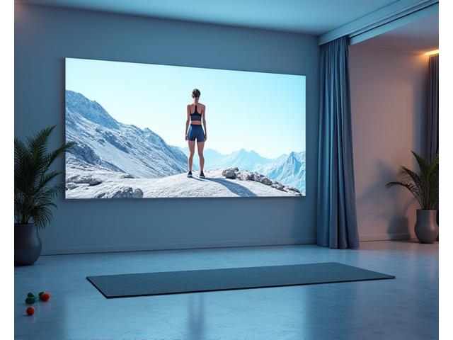 Home gym setup with large screen for virtual training, yoga mat, and resistance bands